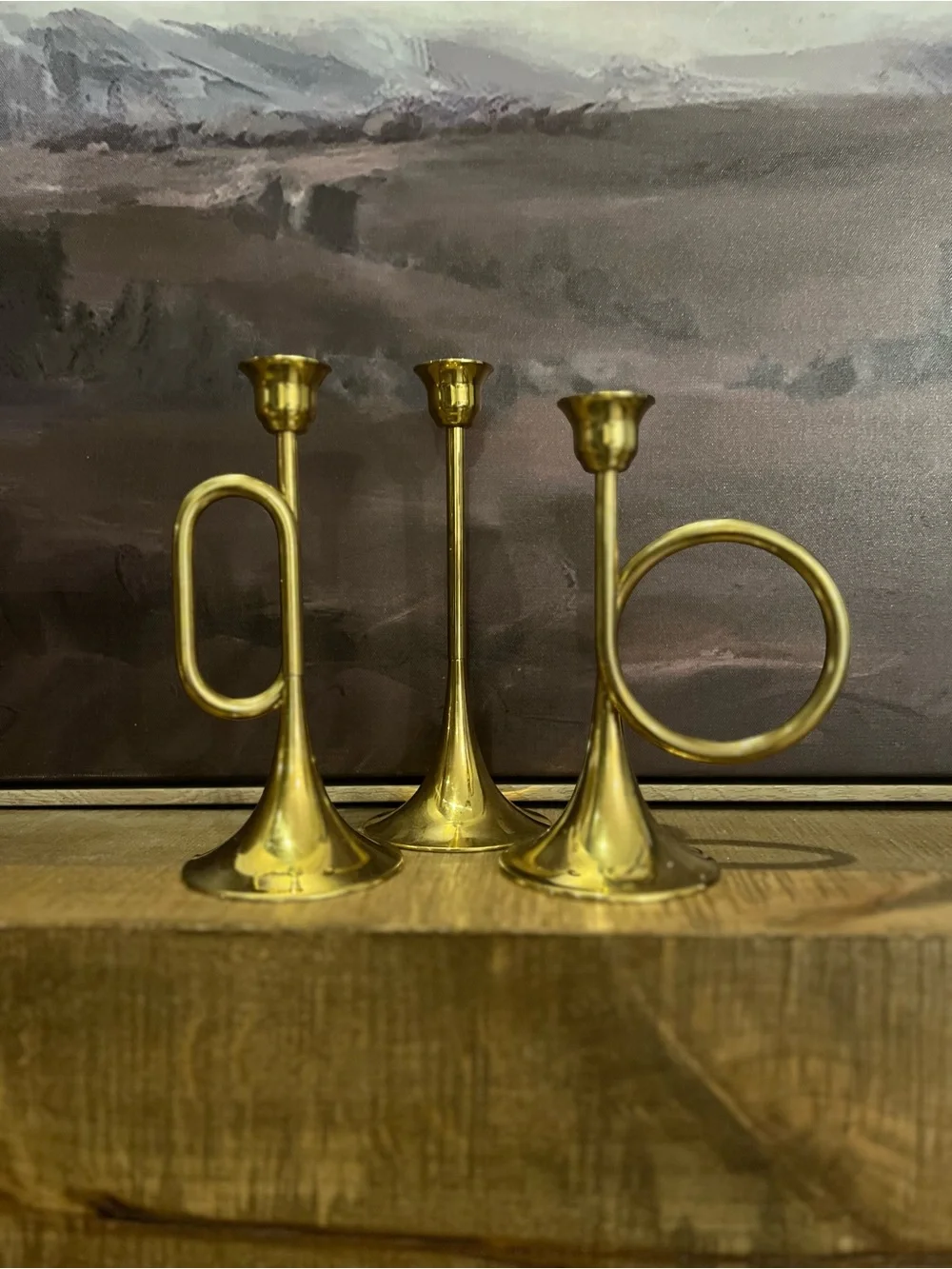 Vintage Silvestri Brass Bugle Horn Candlestick Holders Set of 3